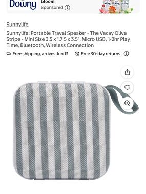 Sunnylife Gray & White Striped Portable Bluetooth Speaker with Carry Strap